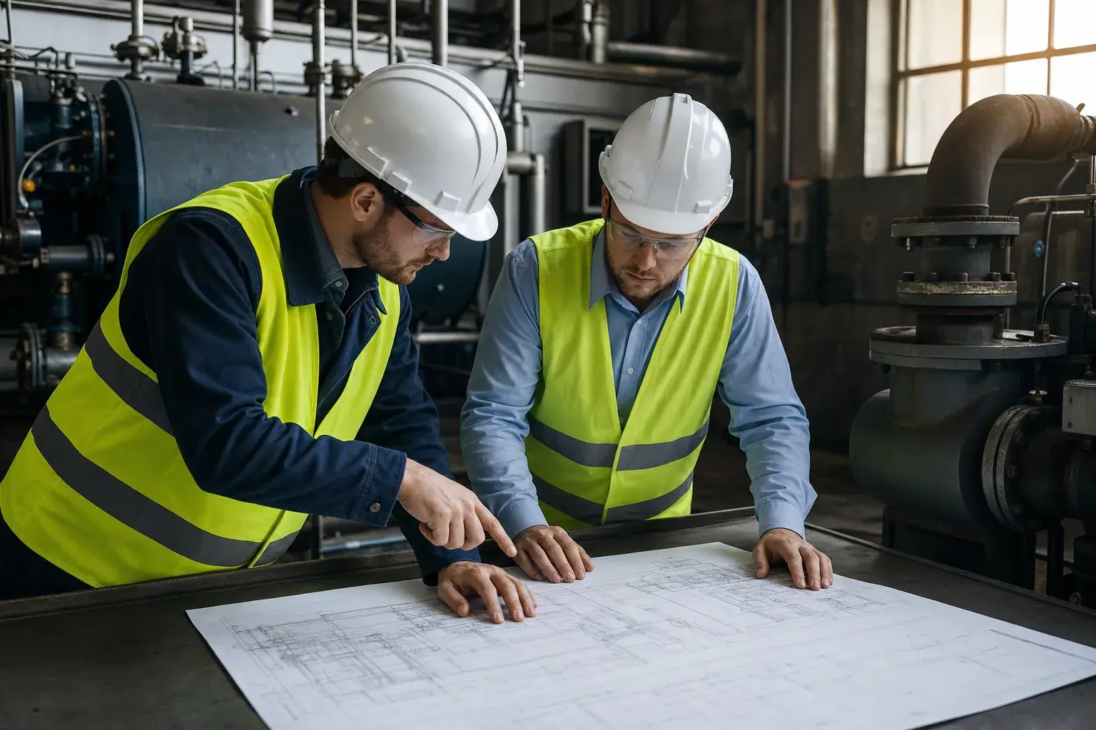 Engineers reviewing fabrication drawings inside a boiler plant