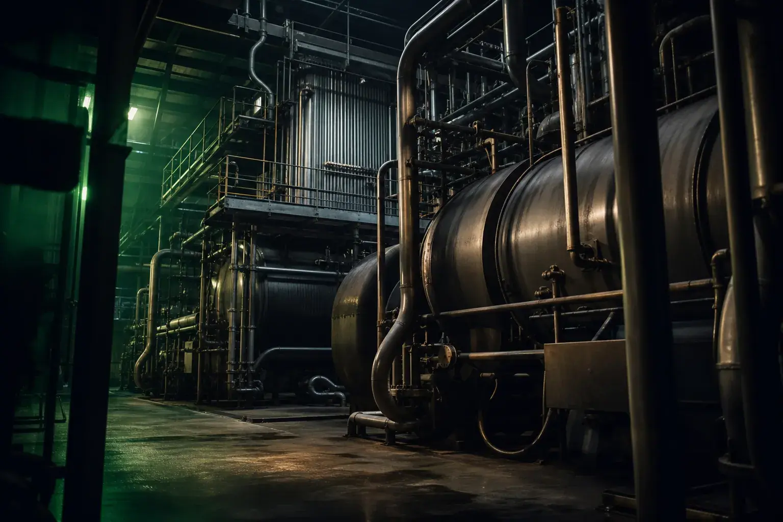 Interior of an industrial boiler plant with steel drums and high-pressure piping